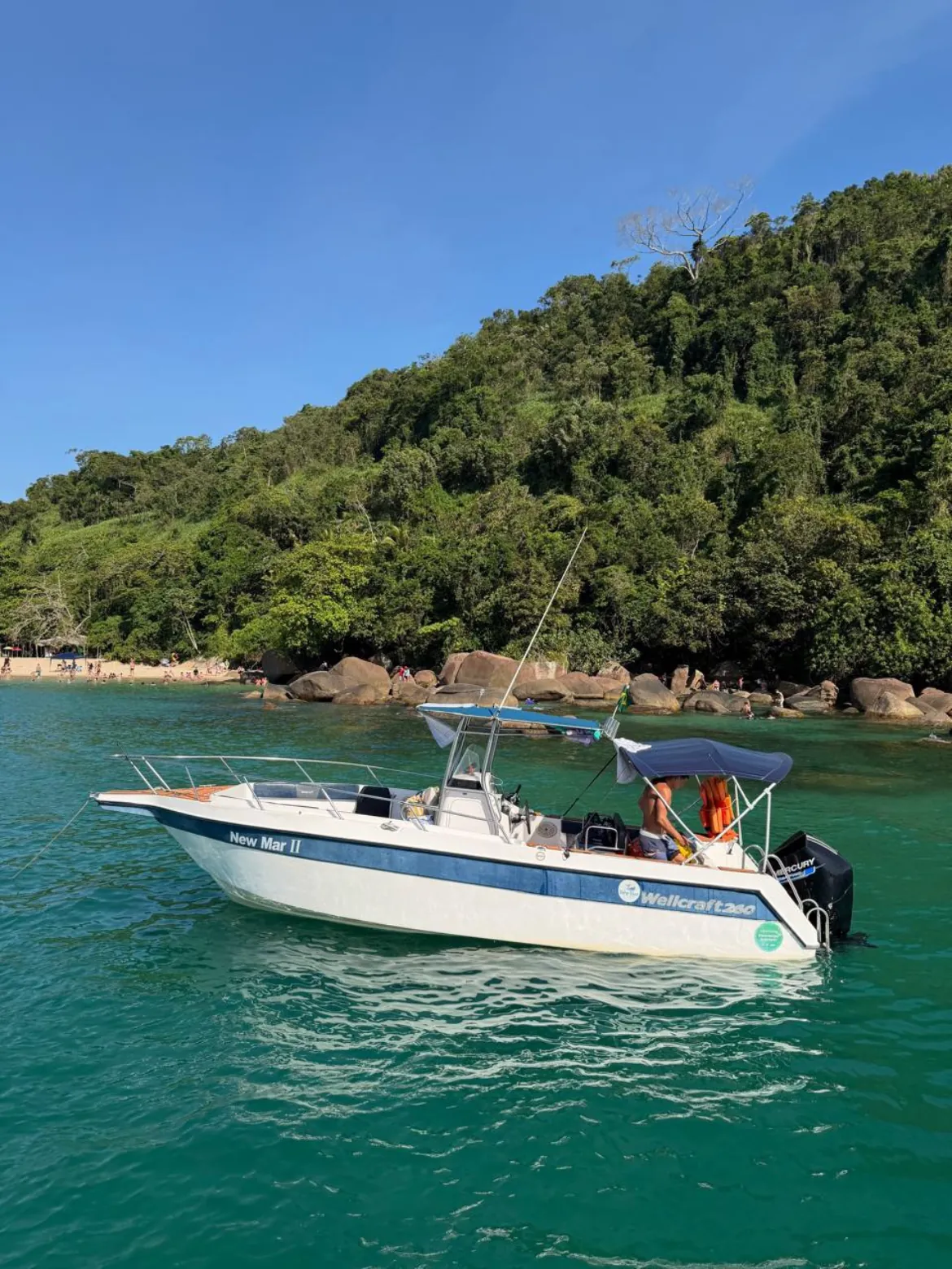 Lancha New Mar II, Wellcraft 260 de friso azul, ancorada